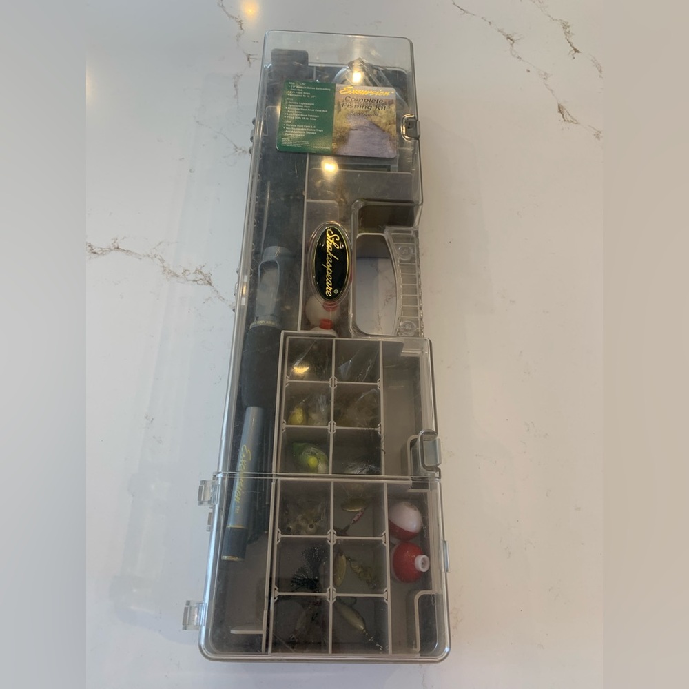 Fishing lot Shakespeare Excursion Complete Fishing Kit 6 ft Packable Pole.